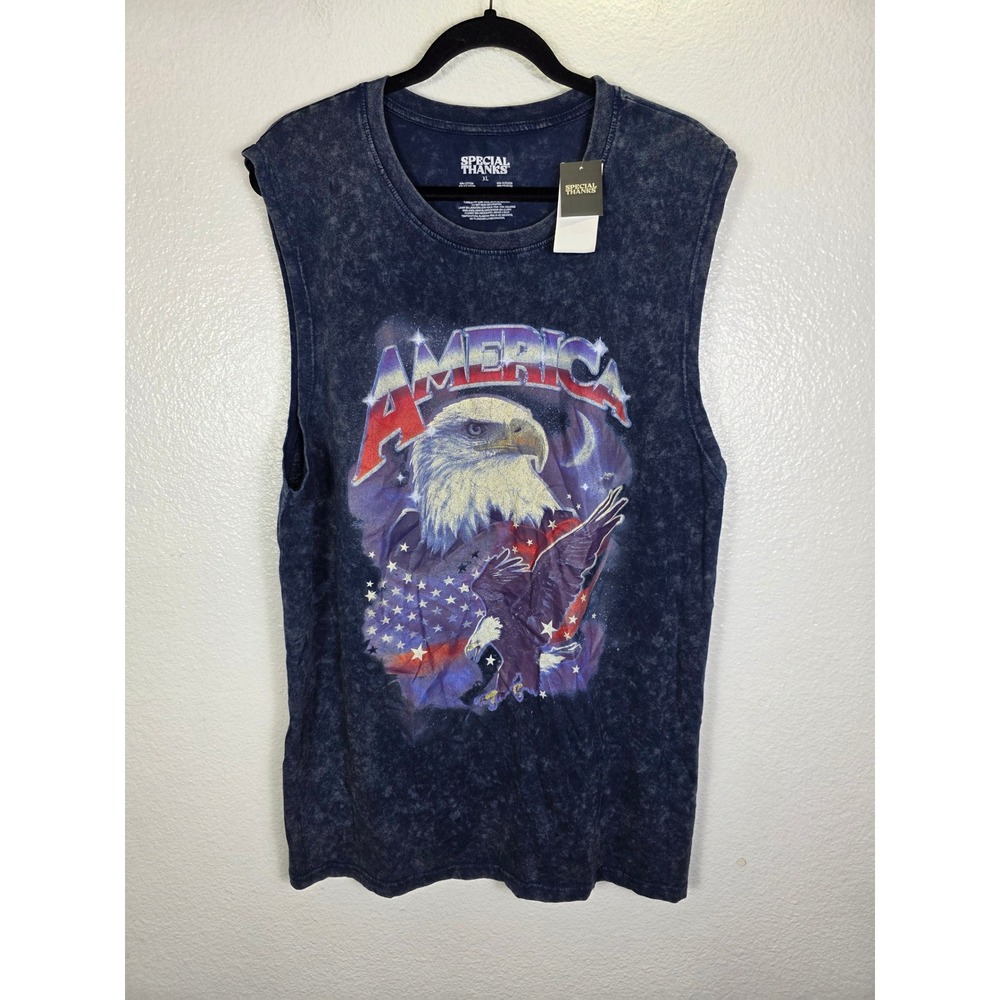 Special Thanks Mens XL Navy Blue Acid Wash Eagle America Muscle Tee